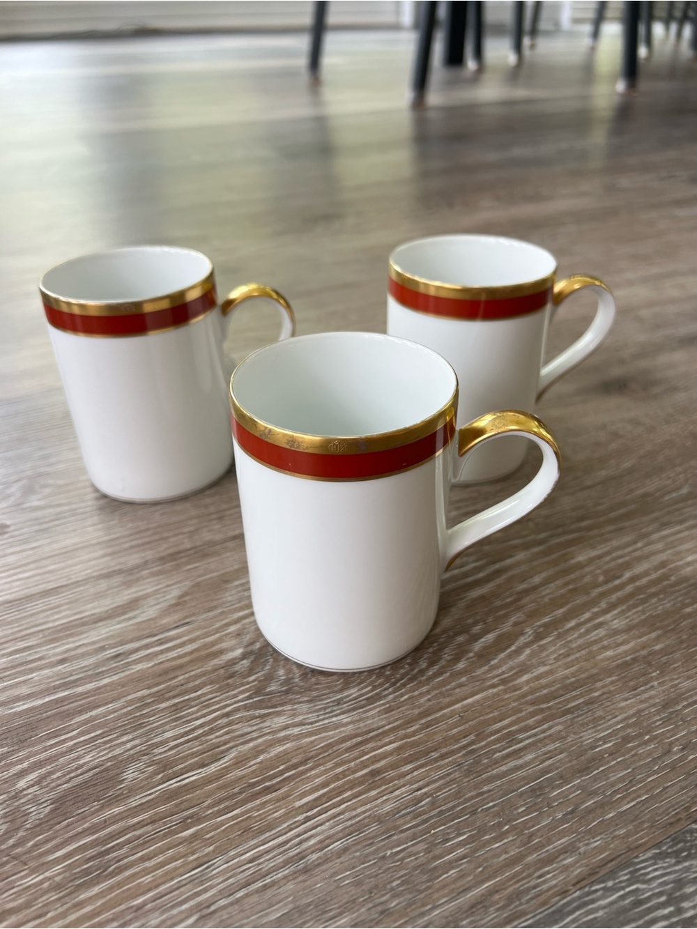 Lenox White Mugs with Red Band and Gold Trim - Set of 3